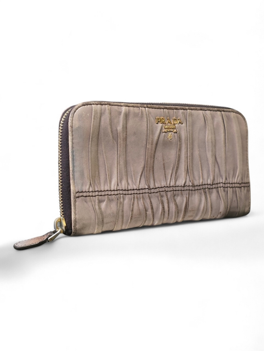 Prada Taupe Gaufre Zip-Around Leather Wallet with Gold Logo